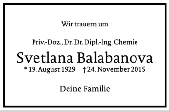 Traueranzeige von Svetlana Balabanova von Frankfurter Allgemeine Zeitung