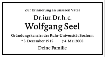 Traueranzeige von Wolfgang Seel von Frankfurter Allgemeine Zeitung