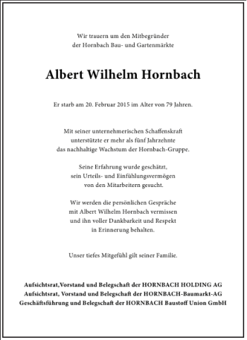 Traueranzeige von Albert Wilhelm Hornbach von Frankfurter Allgemeine Zeitung