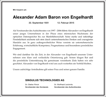 Traueranzeige von Alexander Adam Baron von Engelhardt von Frankfurter Allgemeine Zeitung