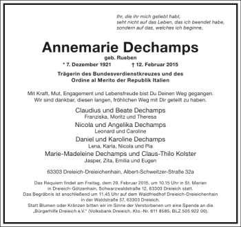 Traueranzeige von Annemarie Dechamps von Frankfurter Allgemeine Zeitung