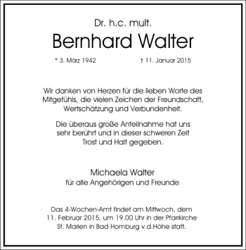 Traueranzeige von Bernhard Walter von Frankfurter Allgemeine Zeitung