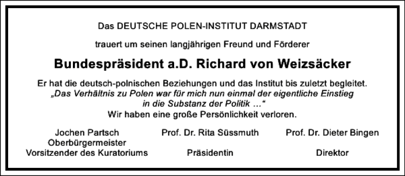  Traueranzeige für Bundespräsident a.D. Richard von Weizsäcker vom 07.02.2015 aus Frankfurter Allgemeine Zeitung