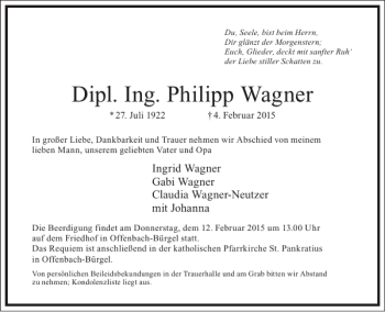 Traueranzeige von Dipl. Ing. Philipp Wagner von Frankfurter Allgemeine Zeitung