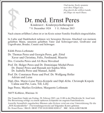 Traueranzeige von Dr. med. Ernst Peres von Frankfurter Allgemeine Zeitung