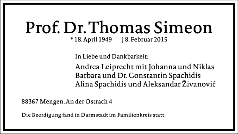  Traueranzeige für Prof. Dr. Thomas Simeon vom 14.02.2015 aus Frankfurter Allgemeine Zeitung