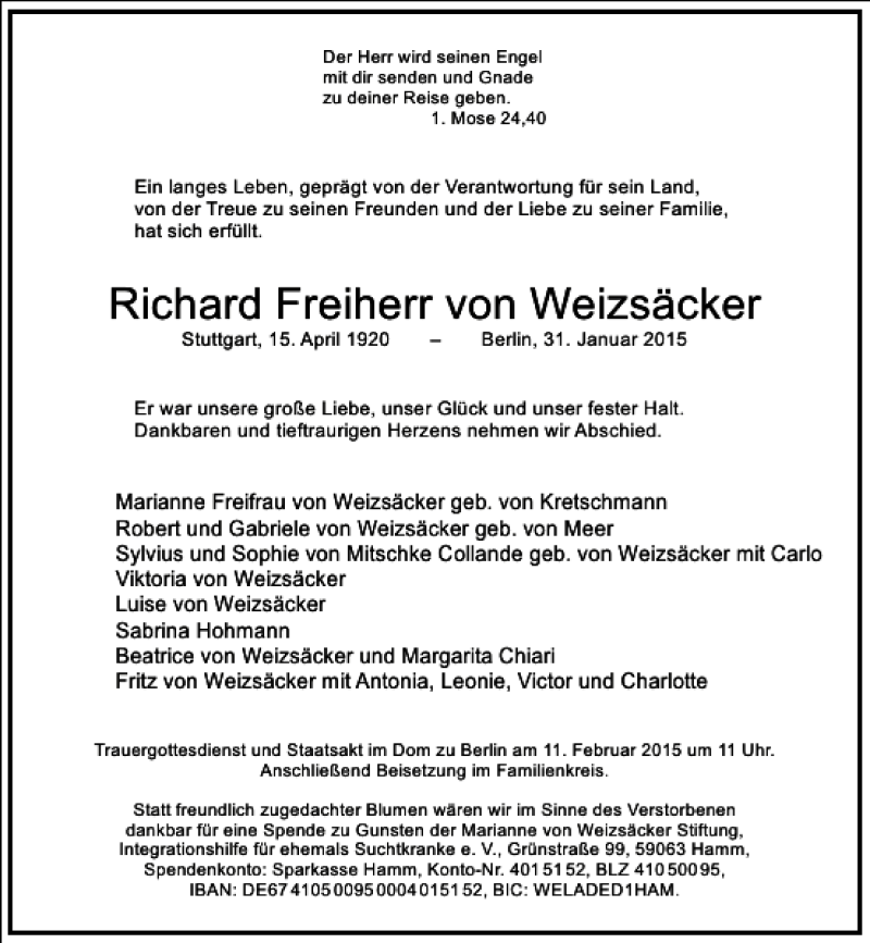  Traueranzeige für Richard Freiherr von Weizsäcker vom 07.02.2015 aus Frankfurter Allgemeine Zeitung
