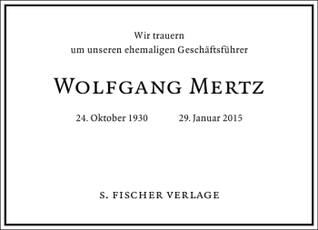 Traueranzeige von Wolfgang Mertz von Frankfurter Allgemeine Zeitung