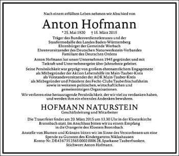 Traueranzeige von Anton Hofmann von Frankfurter Allgemeine Zeitung