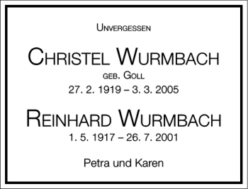 Traueranzeige von CHRISTEL WURMBACH REINHARD WURMBACH von Frankfurter Allgemeine Zeitung