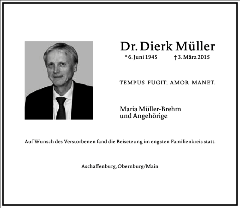  Traueranzeige für Dr.Dierk Müller vom 14.03.2015 aus Frankfurter Allgemeine Zeitung
