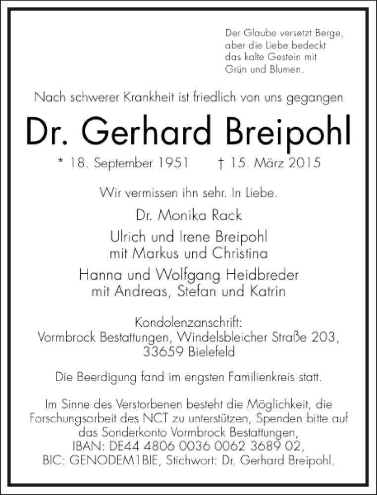  Traueranzeige für Dr. Gerhard Breipohl vom 21.03.2015 aus Frankfurter Allgemeine Zeitung