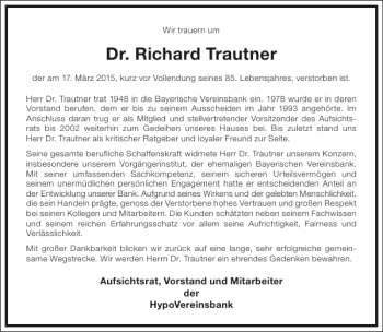 Traueranzeige von Dr. Richard Trautner von Frankfurter Allgemeine Zeitung