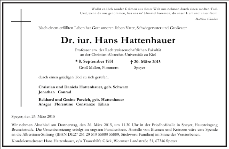  Traueranzeige für Dr. iur. Hans Hattenhauer vom 24.03.2015 aus Frankfurter Allgemeine Zeitung