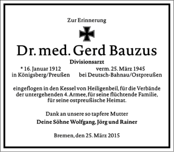 Traueranzeige von Dr. med. Gerd Bauzus von Frankfurter Allgemeine Zeitung