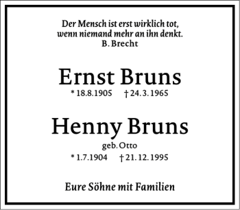 Traueranzeige von Ernst Bruns Henny Bruns von Frankfurter Allgemeine Zeitung