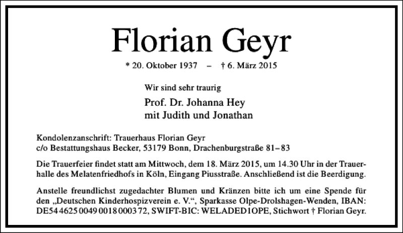  Traueranzeige für Florian Geyr vom 11.03.2015 aus Frankfurter Allgemeine Zeitung