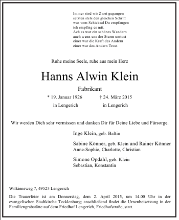 Traueranzeige von Hanns Alwin Klein von Frankfurter Allgemeine Zeitung