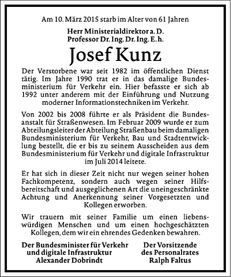 Traueranzeigen von Josef Kunz | Frankfurter Allgemeine Lebenswege