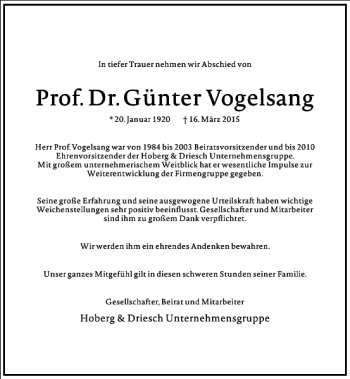 Traueranzeige von Prof. Dr. Günter Vogelsang von Frankfurter Allgemeine Zeitung