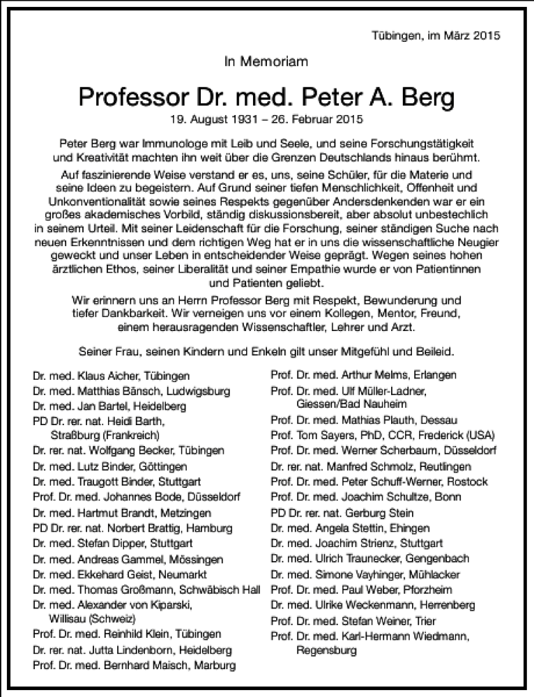  Traueranzeige für Professor Dr. med. Peter A. Berg  vom 05.03.2015 aus Frankfurter Allgemeine Zeitung