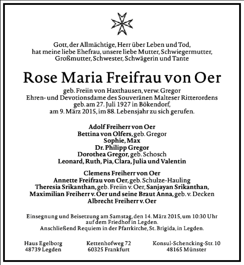 Traueranzeigen Von Rose Maria Freifrau Von Oer Frankfurter Allgemeine Lebenswege