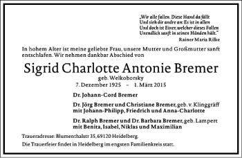 Traueranzeige von Sigrid Charlotte Antonie Bremer von Frankfurter Allgemeine Zeitung