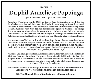 Traueranzeige von Anneliese Poppinga von Frankfurter Allgemeine Zeitung