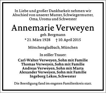 Traueranzeige von Annemarie Verweyen von Frankfurter Allgemeine Zeitung