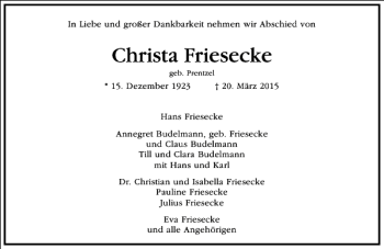 Traueranzeige von Christa Friesecke von Frankfurter Allgemeine Zeitung