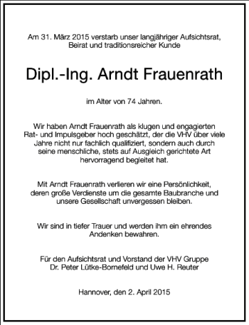 Traueranzeige von Dipl.-Ing. Arndt Frauenrath von Frankfurter Allgemeine Zeitung