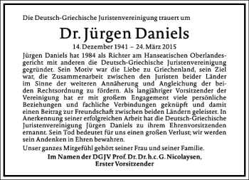 Traueranzeige von Dr. Jürgen Daniels von Frankfurter Allgemeine Zeitung