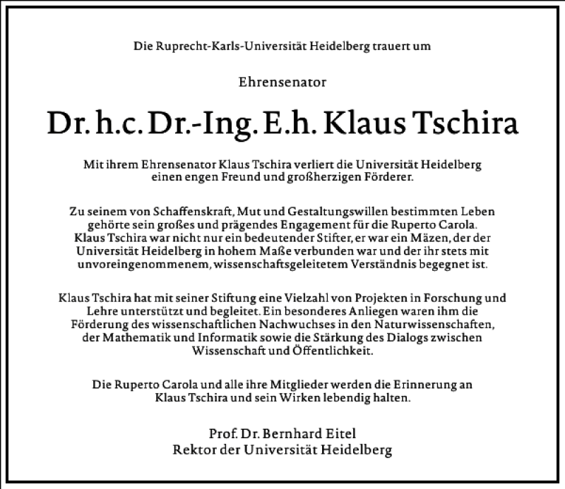  Traueranzeige für Dr. h.c. Dr.-Ing. E.h. Klaus Tschira  vom 04.04.2015 aus Frankfurter Allgemeine Zeitung