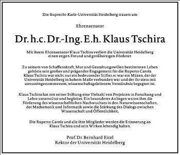 Traueranzeige von Dr. h.c. Dr.-Ing. E.h. Klaus Tschira  von Frankfurter Allgemeine Zeitung