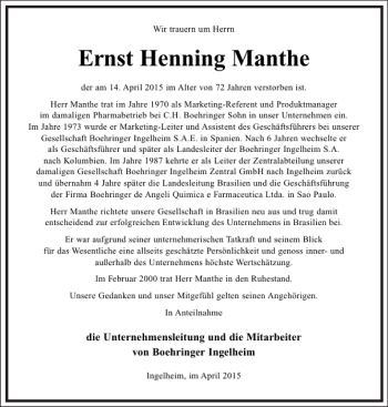 Traueranzeige von Ernst Henning Manthe von Frankfurter Allgemeine Zeitung