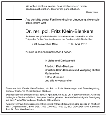 Traueranzeige von Fritz Klein-Blenkers von Frankfurter Allgemeine Zeitung