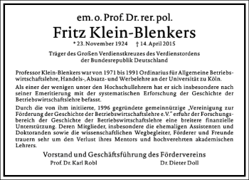 Traueranzeige von Fritz Klein-Blenkers von Frankfurter Allgemeine Zeitung