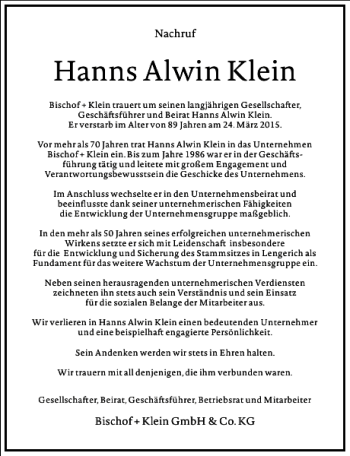 Traueranzeige von Hanns Alwin Klein von Frankfurter Allgemeine Zeitung