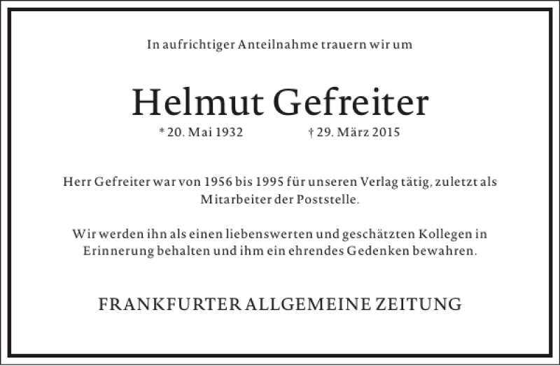  Traueranzeige für Helmut Gefreiter vom 13.04.2015 aus Frankfurter Allgemeine Zeitung
