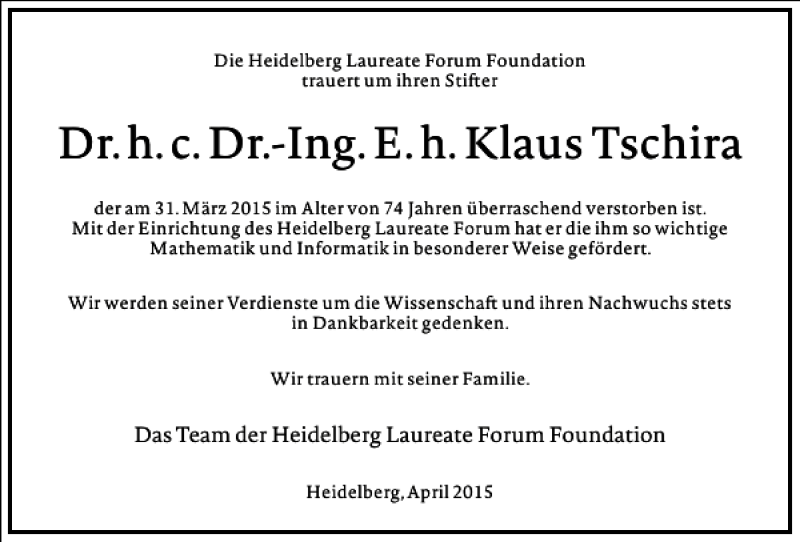  Traueranzeige für Klaus Tschira vom 04.04.2015 aus Frankfurter Allgemeine Zeitung