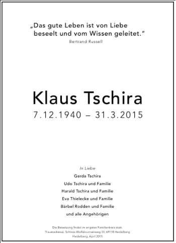 Traueranzeige von Klaus Tschira (Familie) von Frankfurter Allgemeine Zeitung
