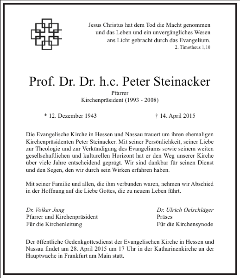  Traueranzeige für Peter Steinacker vom 18.04.2015 aus Frankfurter Allgemeine Zeitung