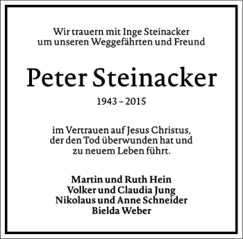 Traueranzeige von Peter Steinacker von Frankfurter Allgemeine Zeitung