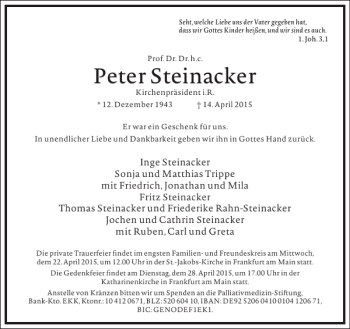 Traueranzeige von Peter Steinacker von Frankfurter Allgemeine Zeitung