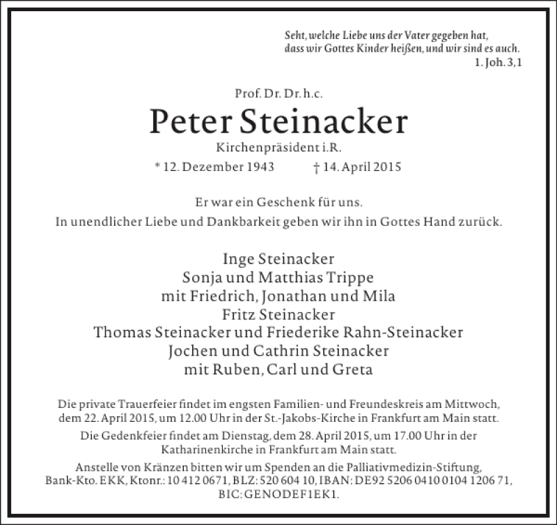  Traueranzeige für Peter Steinacker vom 18.04.2015 aus Frankfurter Allgemeine Zeitung