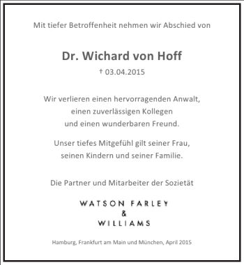 Traueranzeige von Wichard von Hoff LL.M. von Frankfurter Allgemeine Zeitung