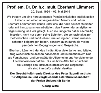 Traueranzeige von Eberhard Lämmert von Frankfurter Allgemeine Zeitung