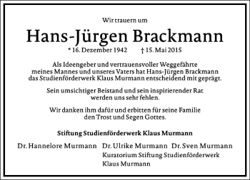 Traueranzeige von Hans-Jürgen Brackmann von Frankfurter Allgemeine Zeitung
