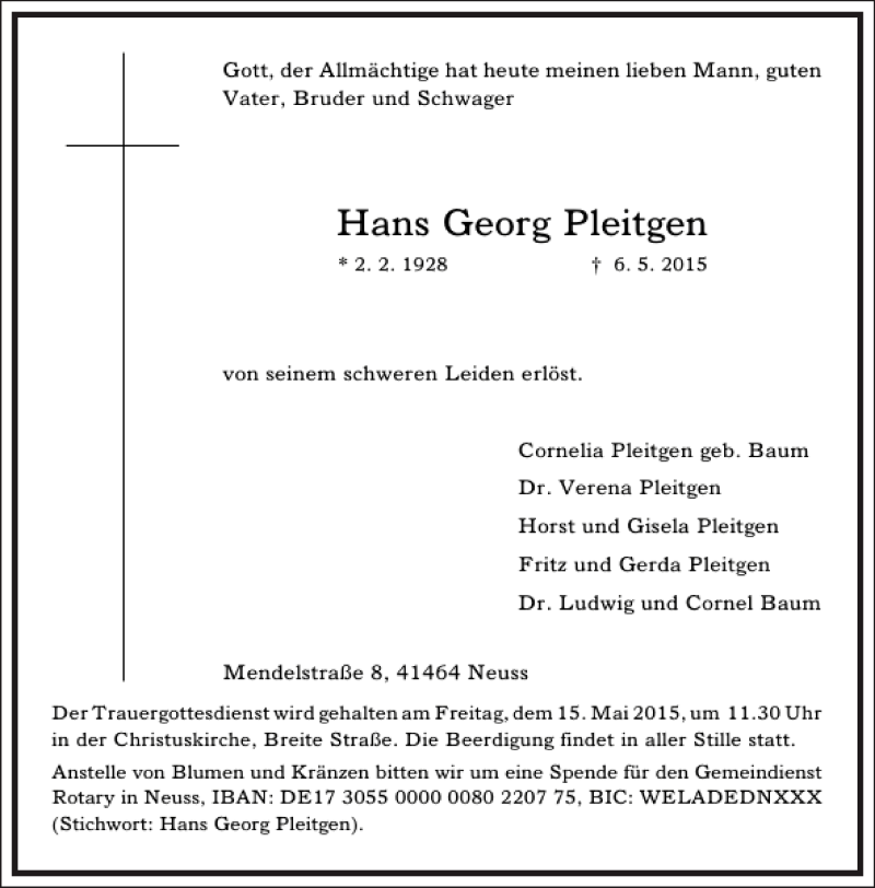  Traueranzeige für Hans Georg Pleitgen vom 09.05.2015 aus Frankfurter Allgemeine Zeitung