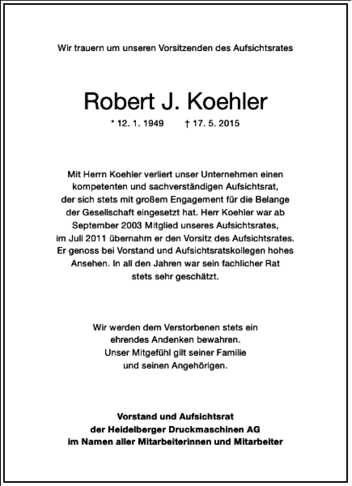  Traueranzeige für Robert J. Köhler vom 23.05.2015 aus Frankfurter Allgemeine Zeitung